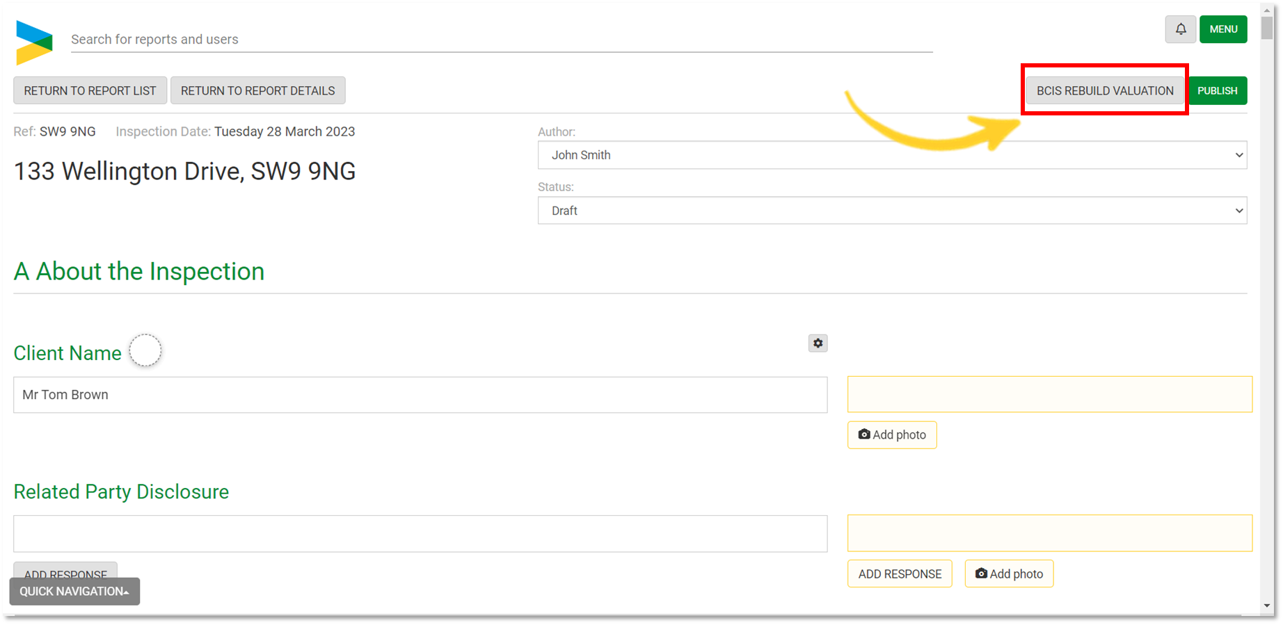 bcis rebuild valuation button highlighted