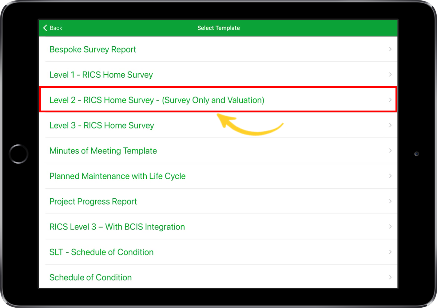 ipad showing how to select a template within the goreport app