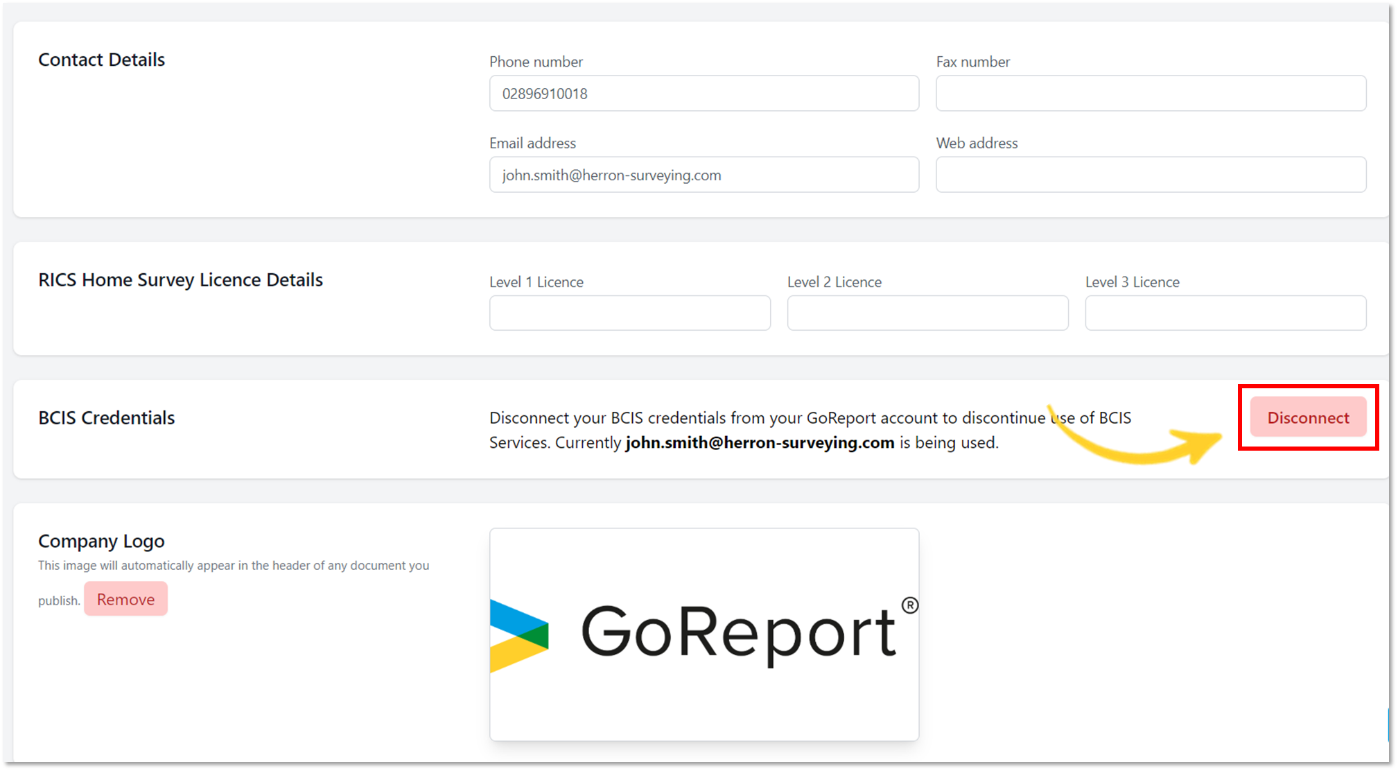 bcis credentials highlighted showing disconnect button