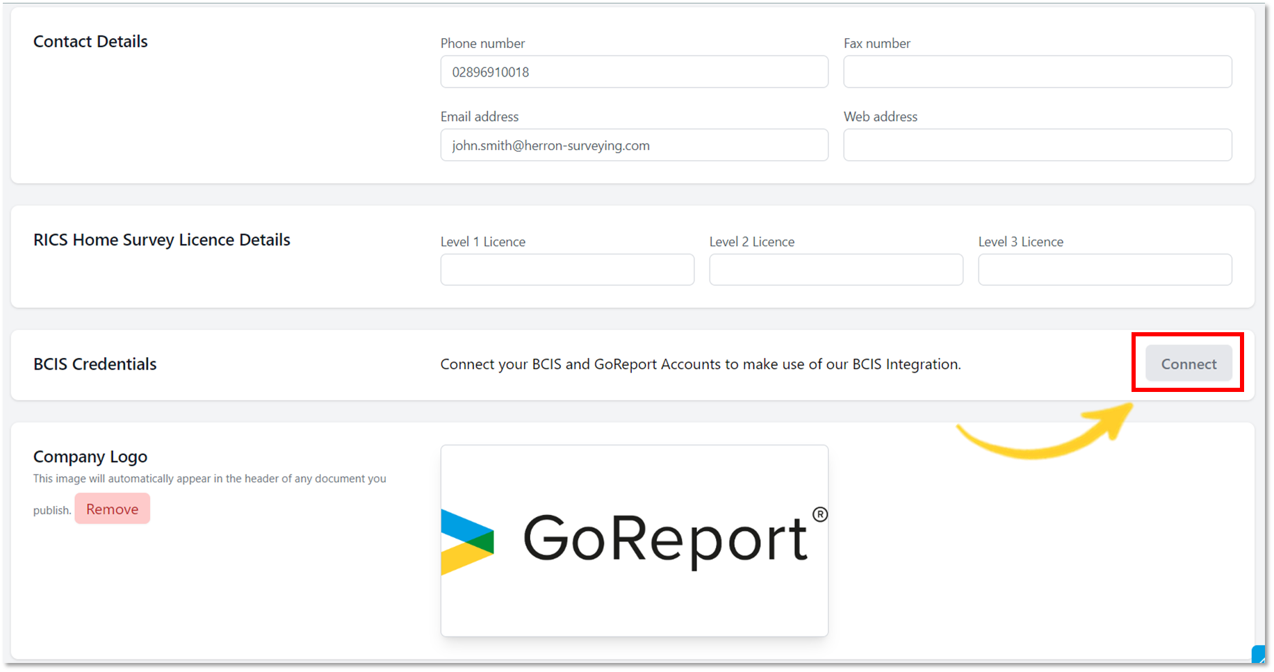 bcis credentials highlighted showing connect button